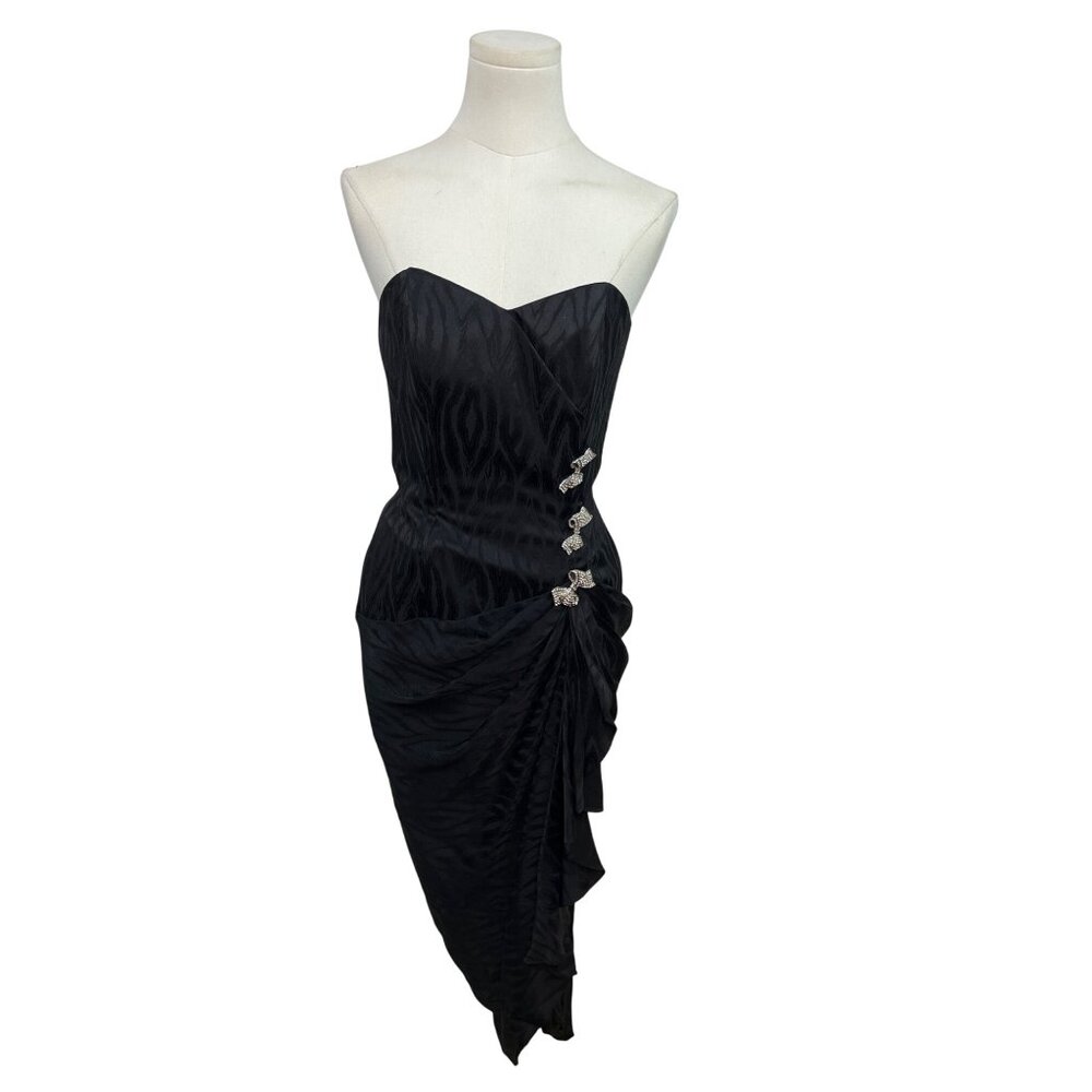 Vintage Silk Studio Women's Black Strapless Warp Cocktail Dress Size 4